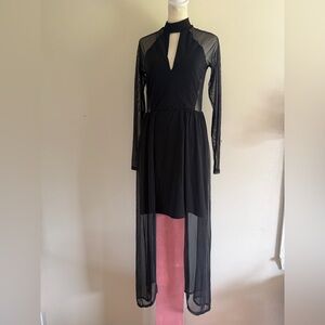 Black Sheer Overlay Long Sleeve Dress